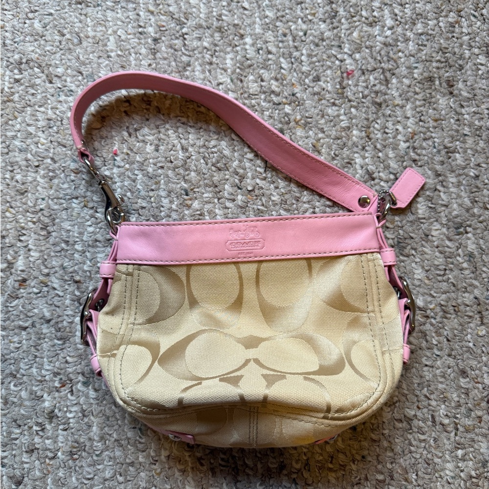 Coach Pink and Tan Signature Shoulder Bag